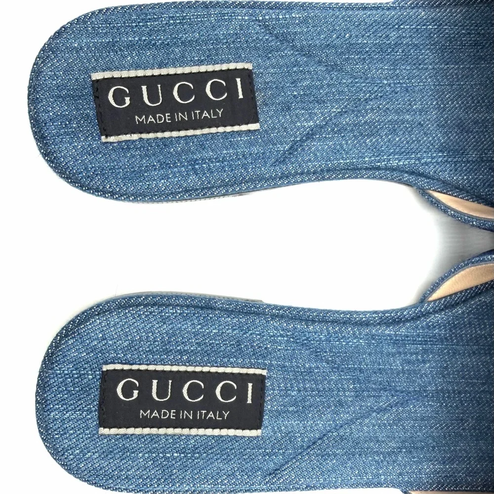 NEW NIB Gucci Logo Blue White Denim Jane Flat Slides EU 36.5 - Picture 3 of 8